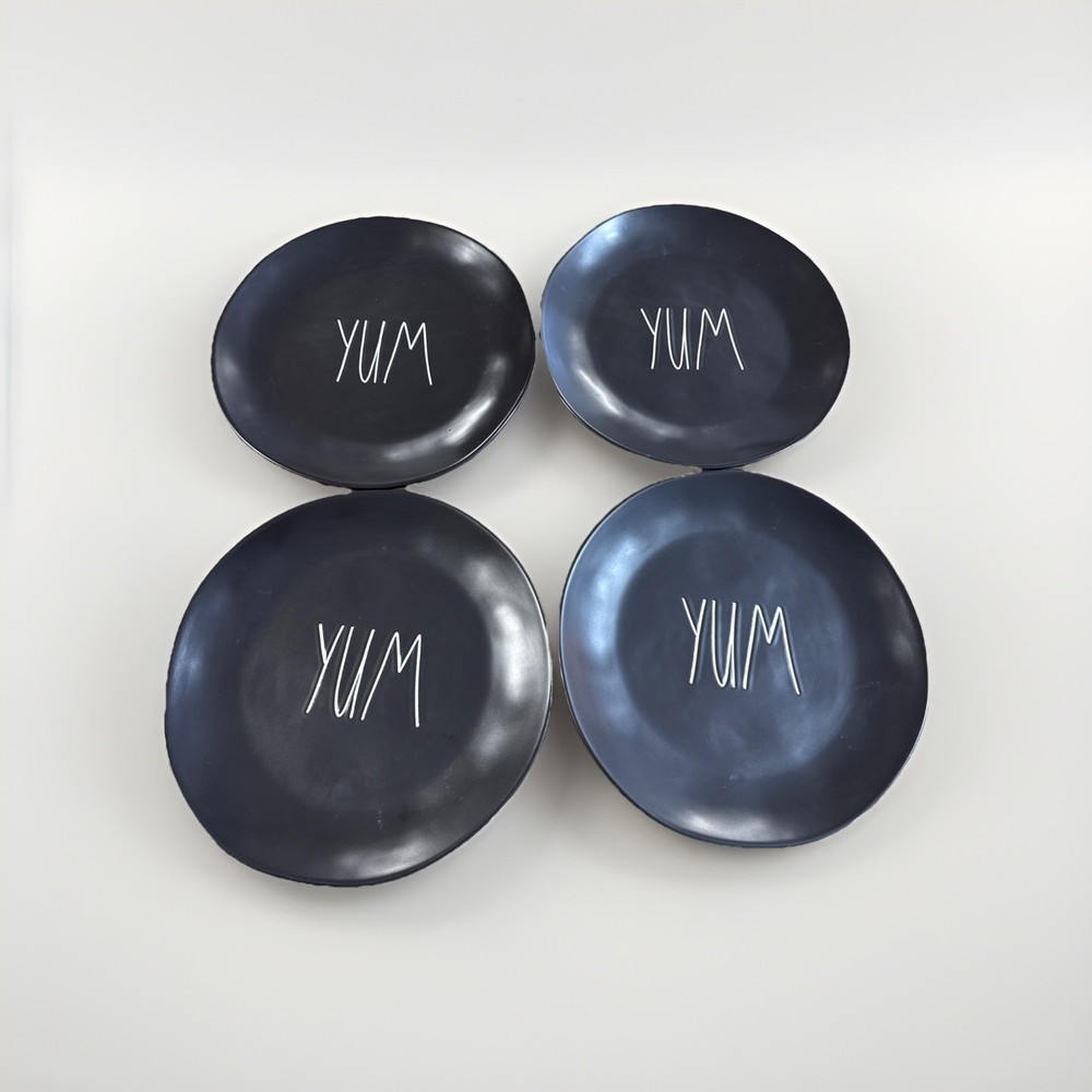 4 Rae Dunn Artisan Collection By Magenta Yum Black Dinner Plates 11” White Text