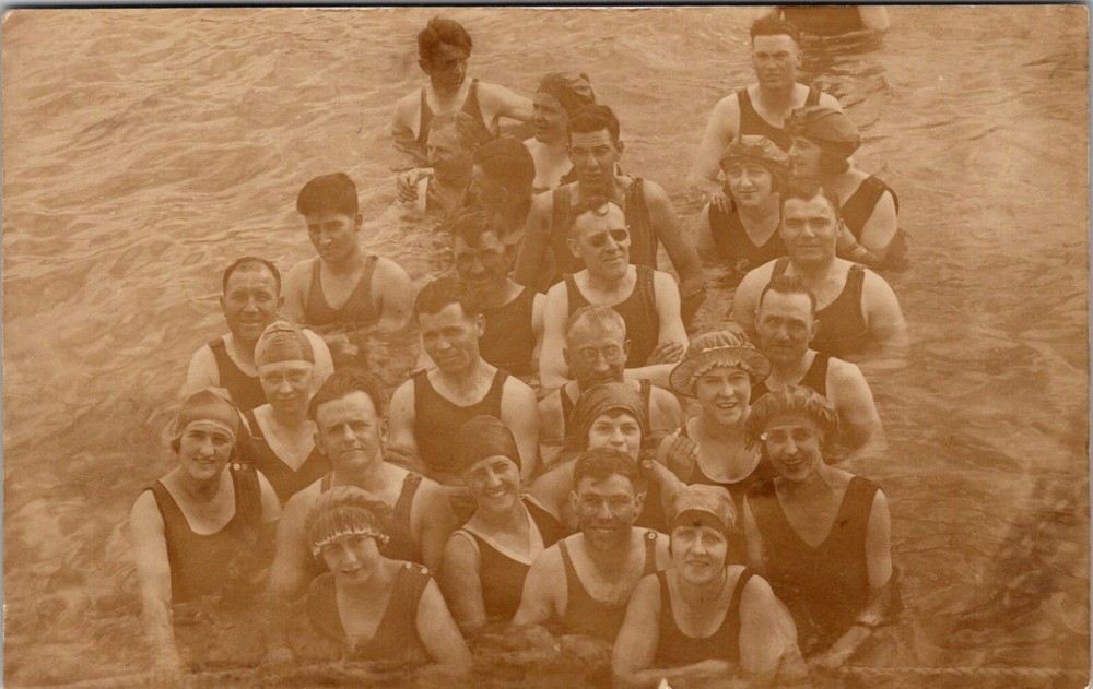 RPPC Postcard Men and Women in Water Wearing One Piece Bathing Suits & Cap 23166