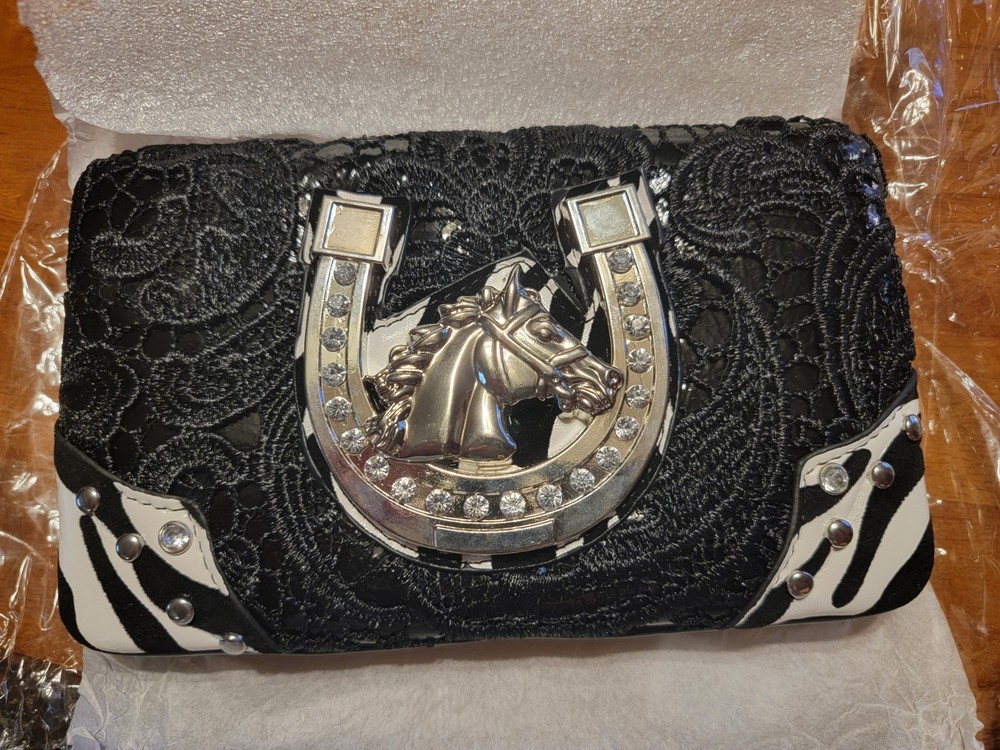Western Ladies Rhinestone Clasp Wallet Black Horse/Horseshoe Design