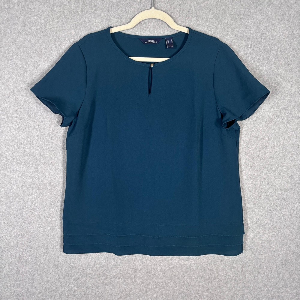 Lands End Popover Blouse Size 14 Teal Layered Hem Ruffle Career Church Classic