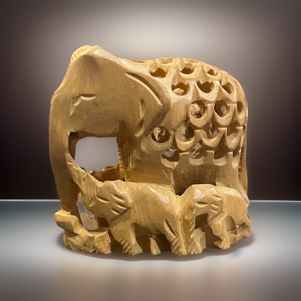Vintage Hand Carved Wooden Elephant Figurine Jali Lattice Boho Safari Decor