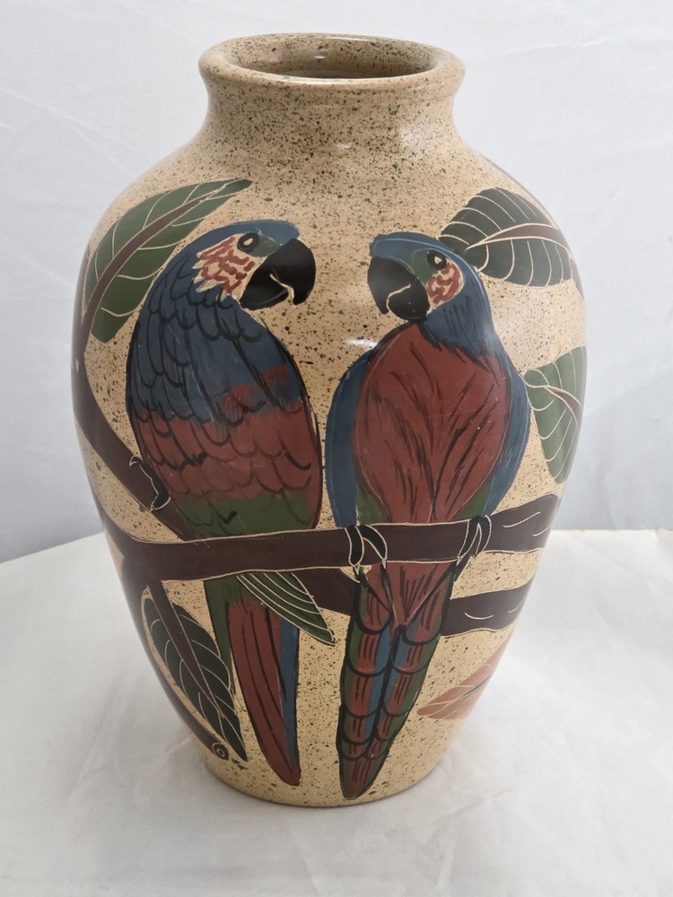 Vintage Nicaraguan Handcrafted, Red Stone, Pottery Vase, Male & Female Parrots