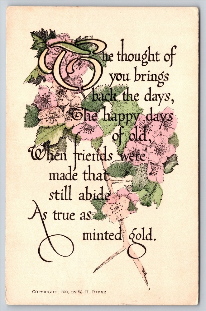 Greetings~Pink Flowers Thoughts of You Brings Back Days~Vintage Postcard