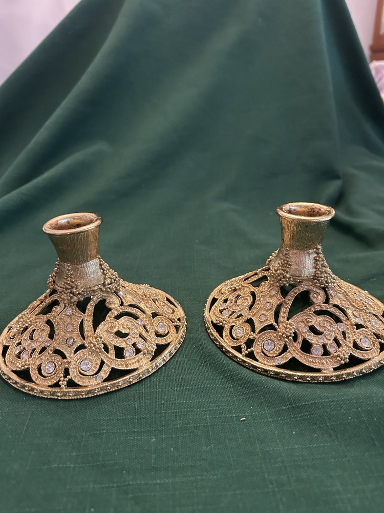 Set of 2 Gold Filigree Metal Taper Candle Holders, Scroll Pattern, Round