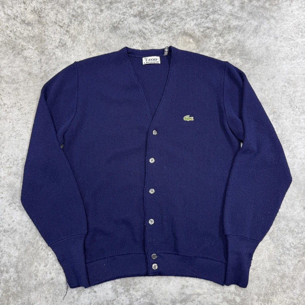 Vintage Izod Lacoste Sweater Mens Large Blue Cardigan Acrylic Croc Logo 80s
