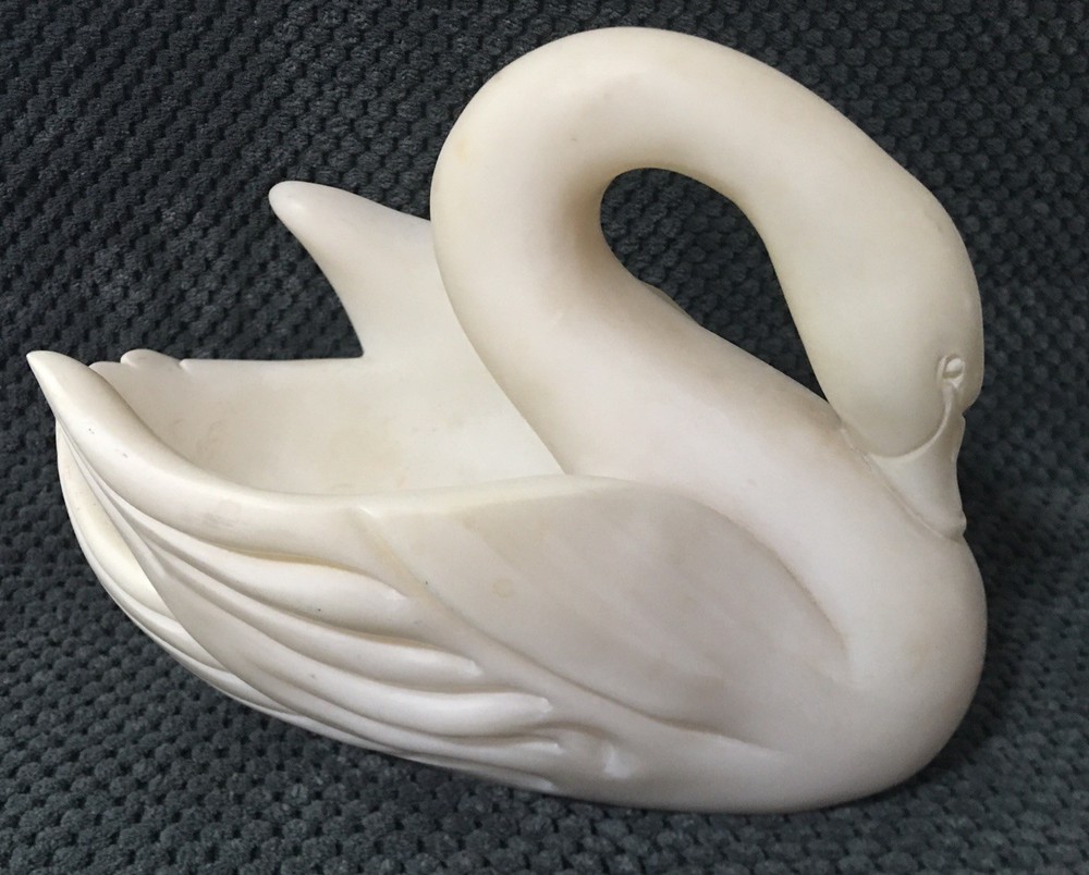 Vintage Hand-Carved Alabaster Stone Swan Planter Figure Marble Decor
