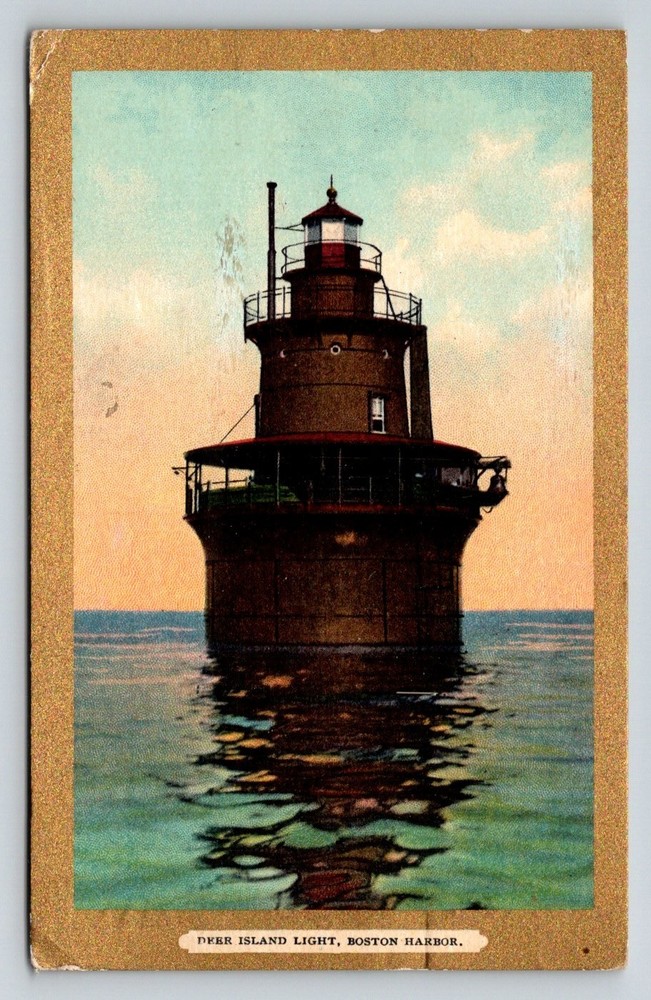 Vintage 1913 Deer Island Light Boston Harbor Lighthouse Postcard Posted