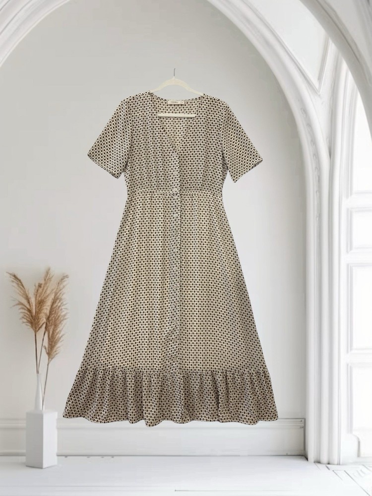 Rokoko Geo Print Midi Dress Size Medium Button Front Boho Prairie Fall Chic