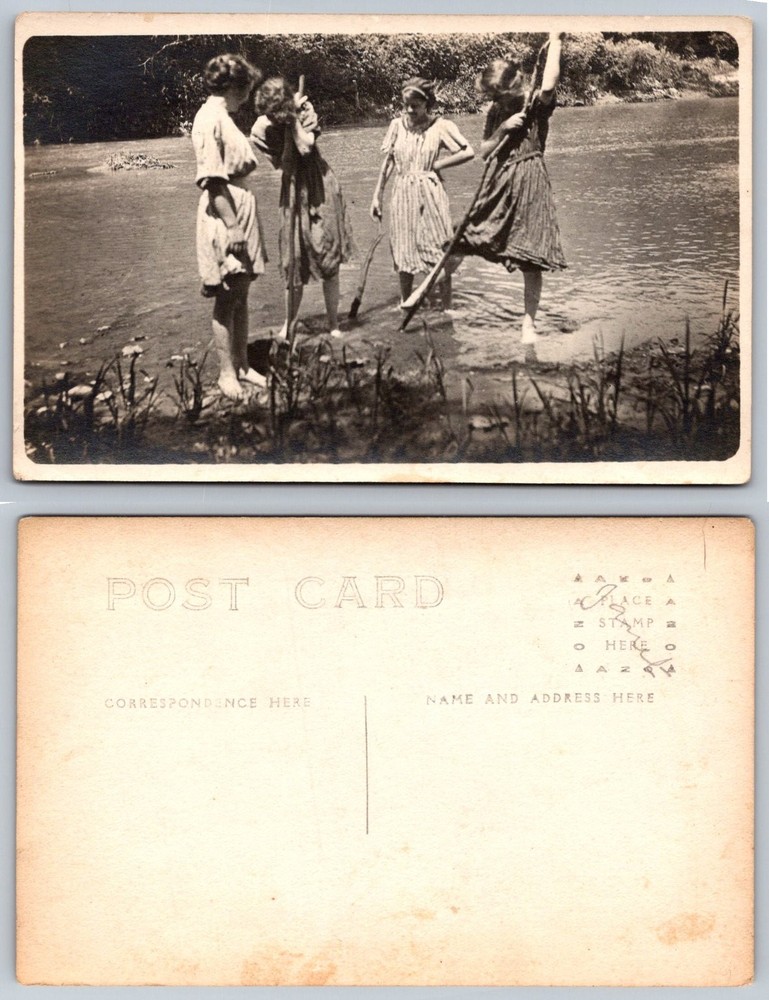 RPPC Girls Wading River Vintage Postcard 1920s-40s Rustic Nature Scene