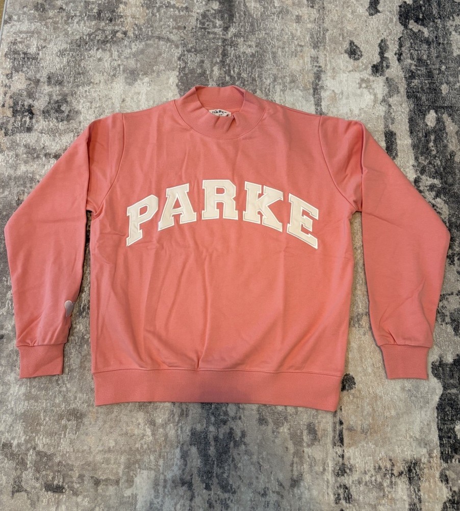 PARKE Pink Cotton Pullover Sweater S/M Crew Neck Logo Heart Graphic Women
