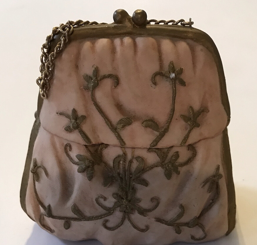 Ceramic Purse Trinket Box Hand Painted 4 Inches Tall