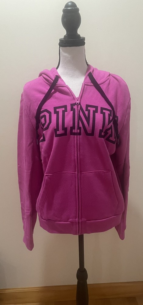 Victoria's Secret Pink Zip Up Hoodie Pink w/ Black Bold Letters - Size L