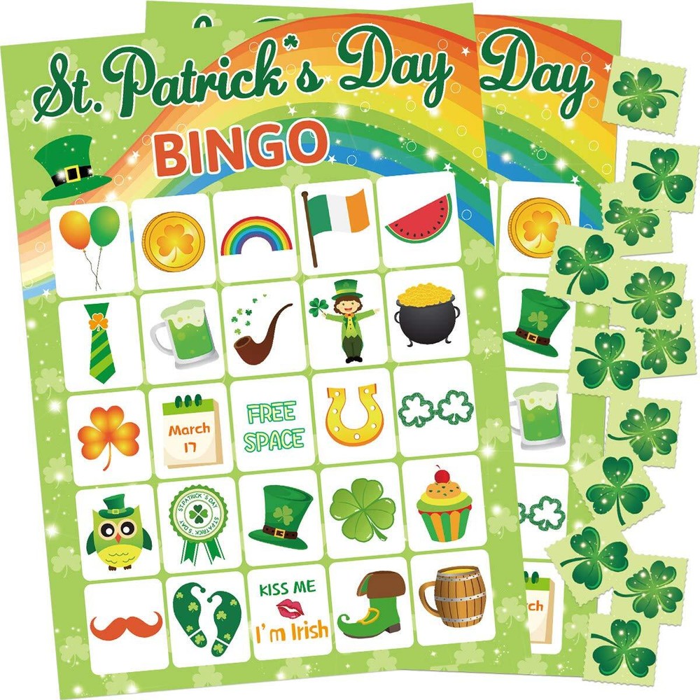 St.Patrick’s Day Bingo Game for Kids 24 Players Green Shamrock Party Game Sup...