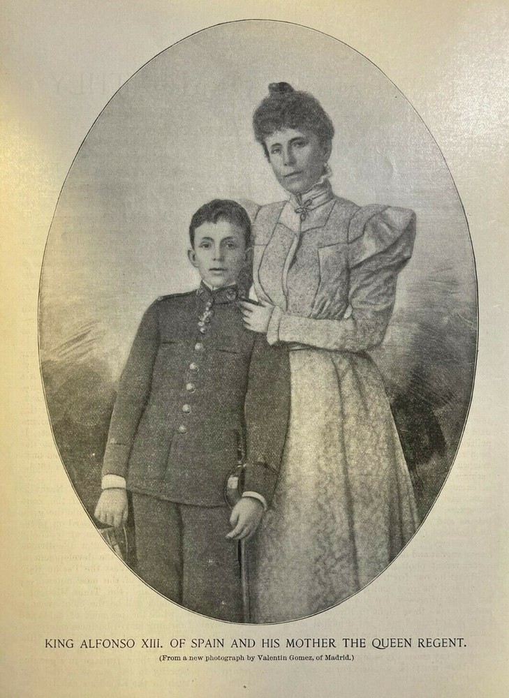 1898 Vintage Magazine Illustration King Alfonso XII of Spain and Queen Regent