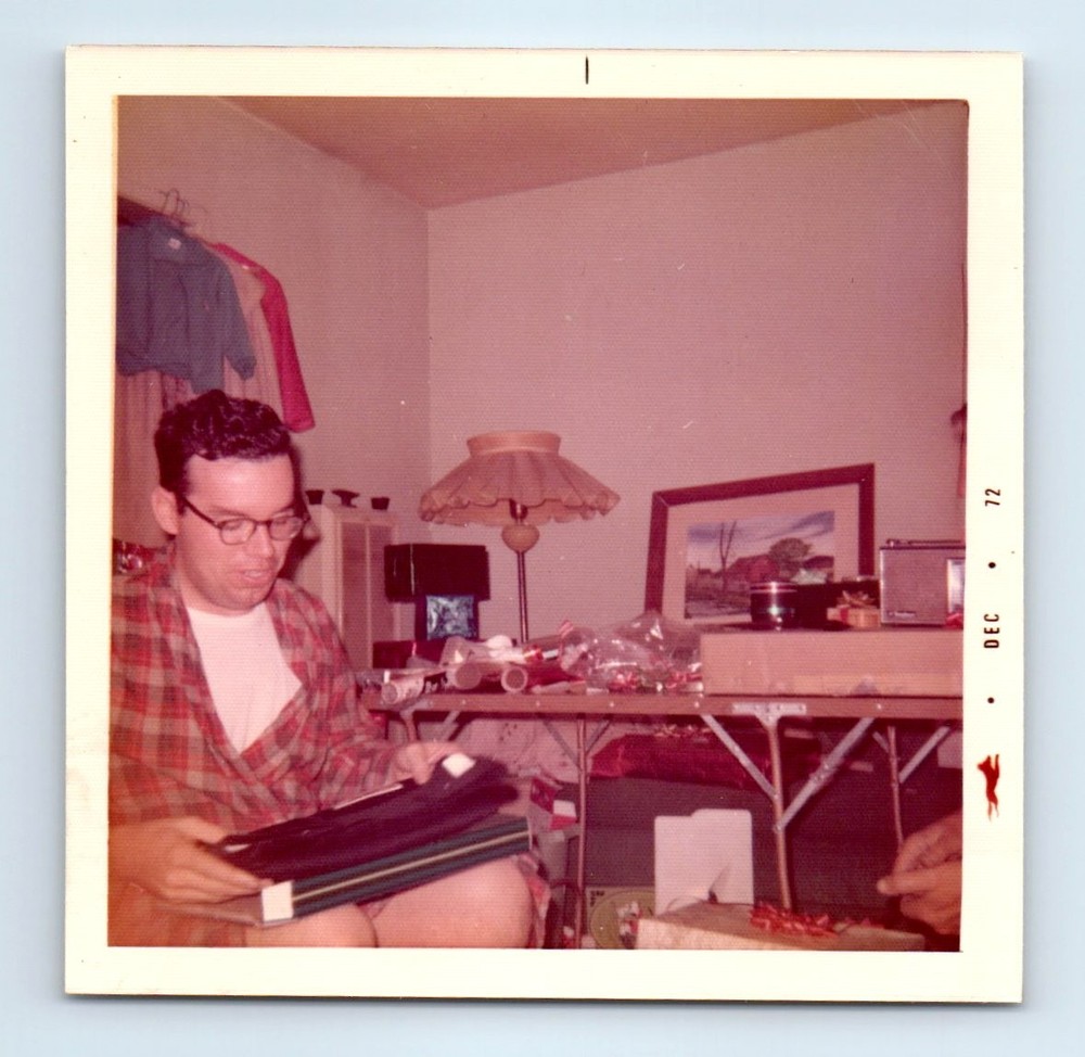Old Vintage Square Color Photo SOLO MAN OPENING CHRISTMAS PRESENTS 1972