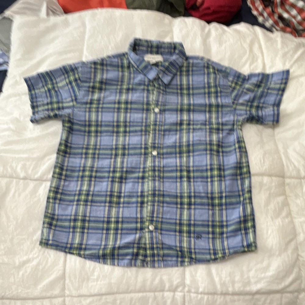 Free Assembly Boys Plaid Button-Up Short Sleeve Shirt Blue Green Cotton XL 14/16