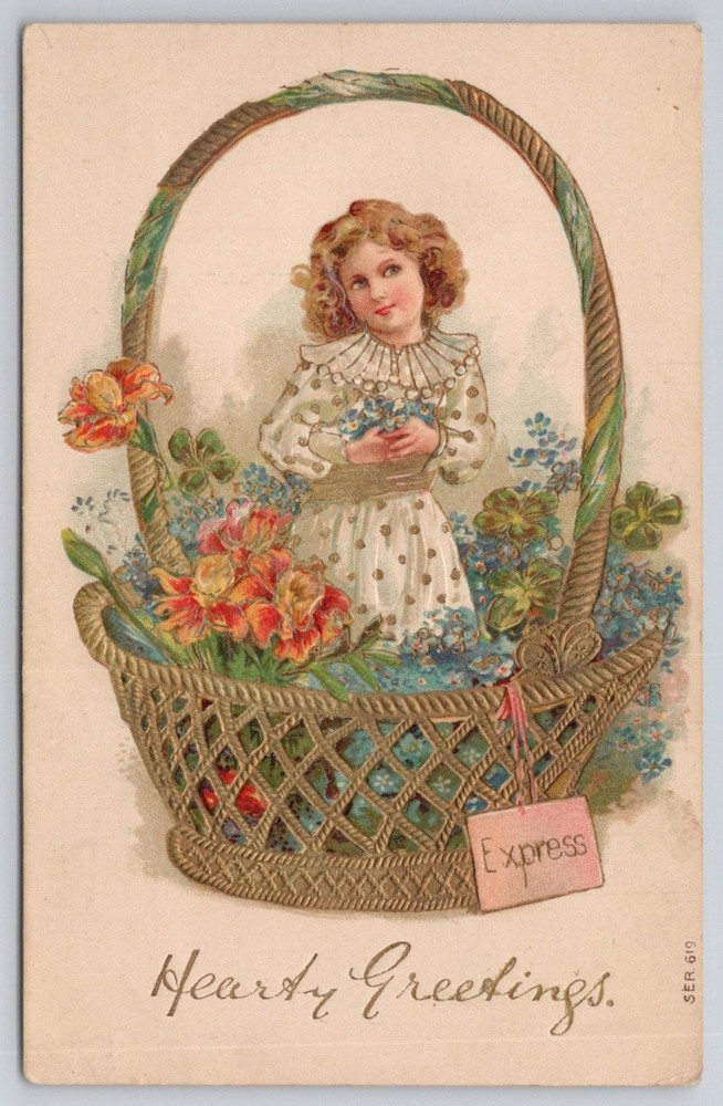 Hearty Greetings Embossed Girl in Flower Basket Postcard c.1910