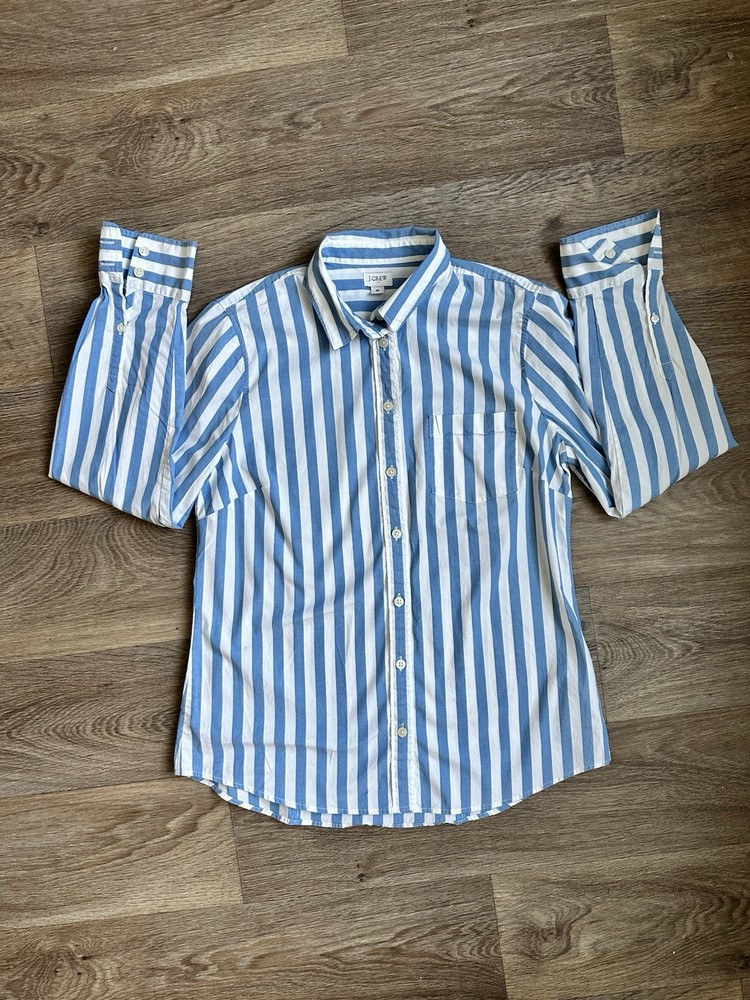 J.CREW Women’s Blue White Striped Collared Long Sleeve Button-Up Shirt M