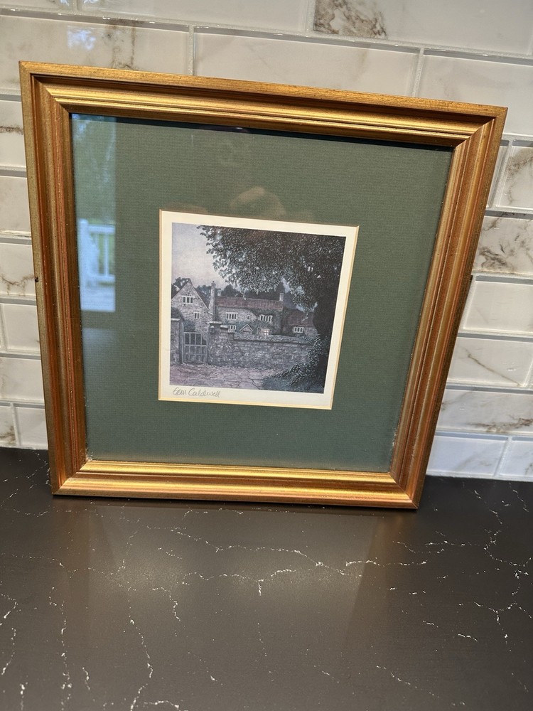 Tom Caldwell “Villages” Signed Print, 5”, In 12” Matted Gold Frame