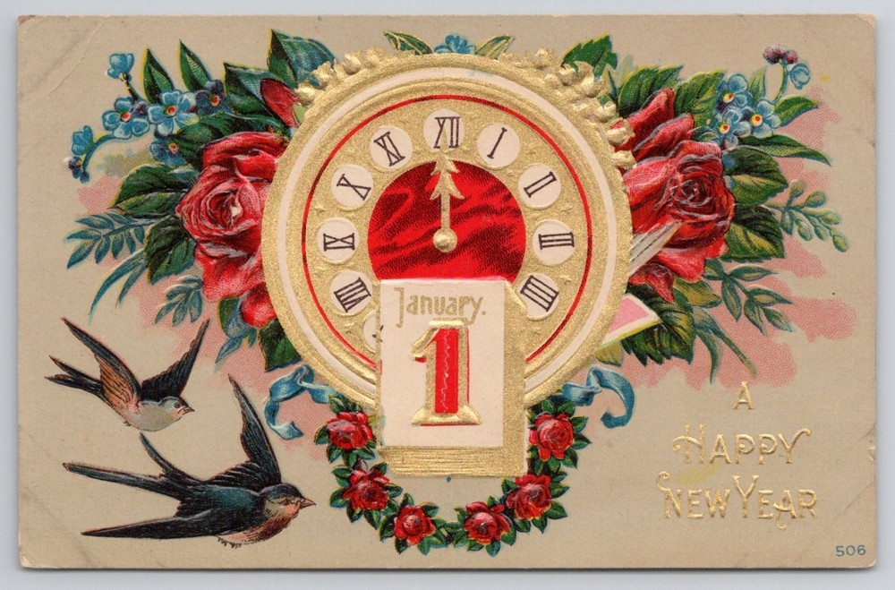Happy New Year January 1st Antique Postcard Embossed Clock Roses Birds