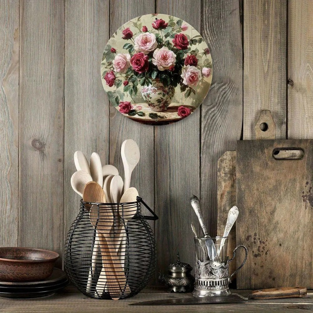 Vintage Floral Metal Wall Decor Pink Roses in Beige Vase Elegant