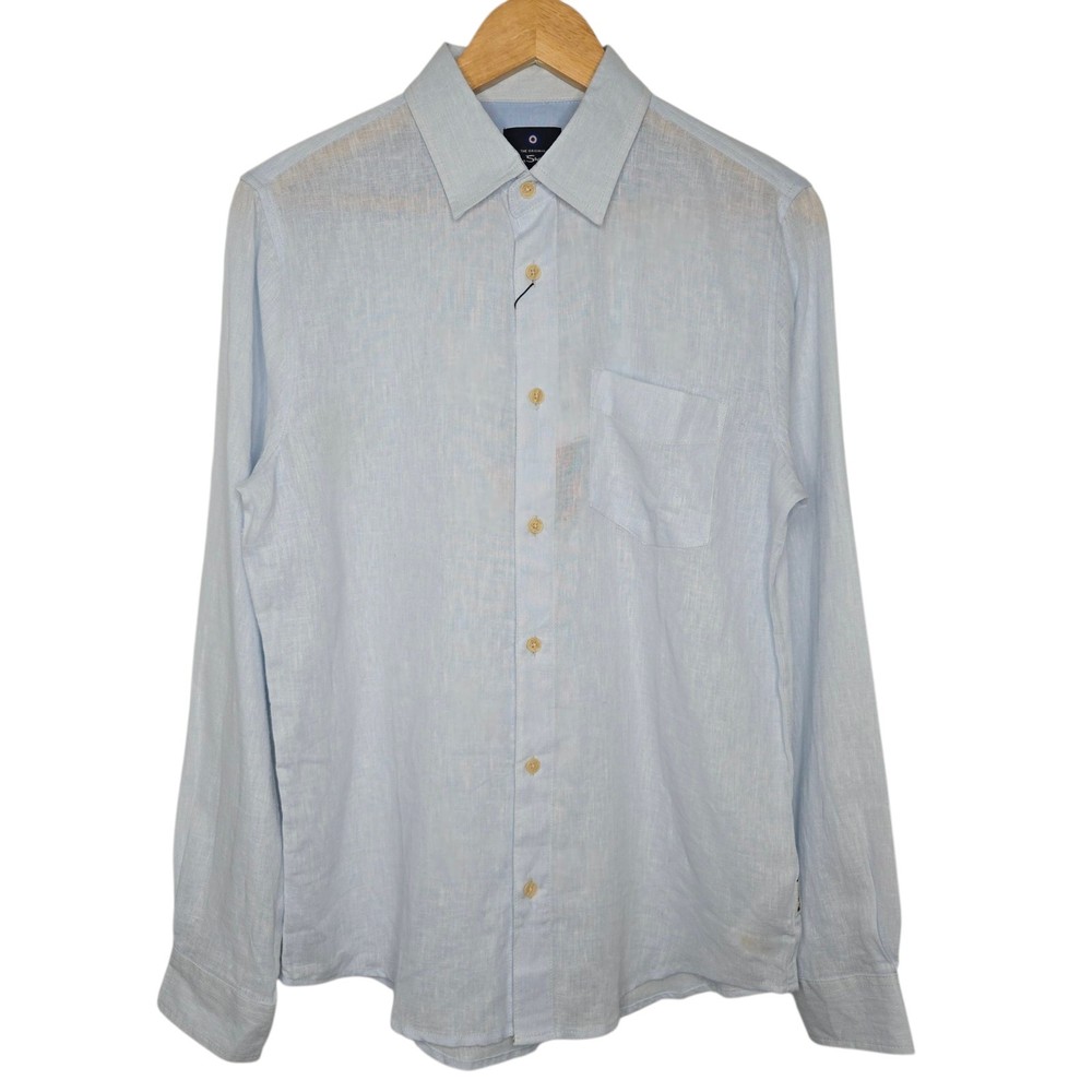 Ben Sherman Mens Blue Modern Classic Fit Linen Blend Button Up Shirt Small