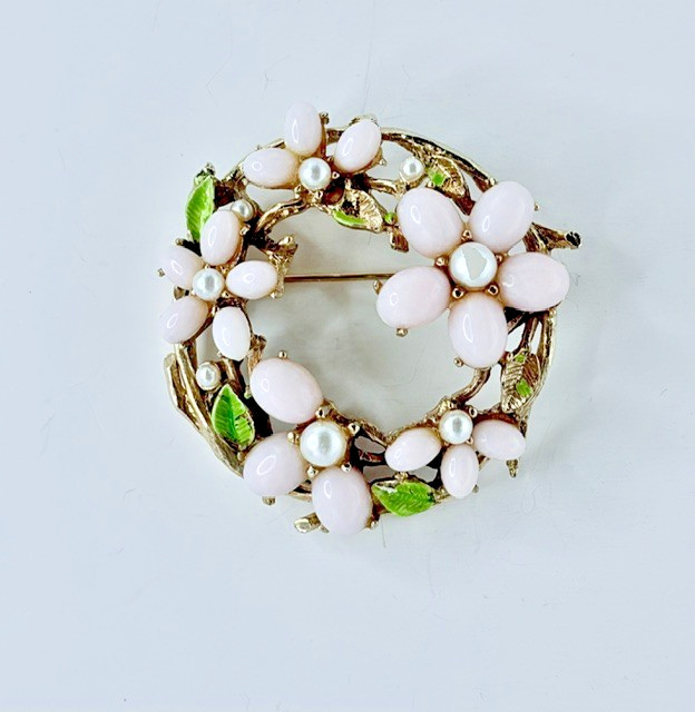 Vintage Pink Floral Wreath Brooch Enamel and Pearl by ART