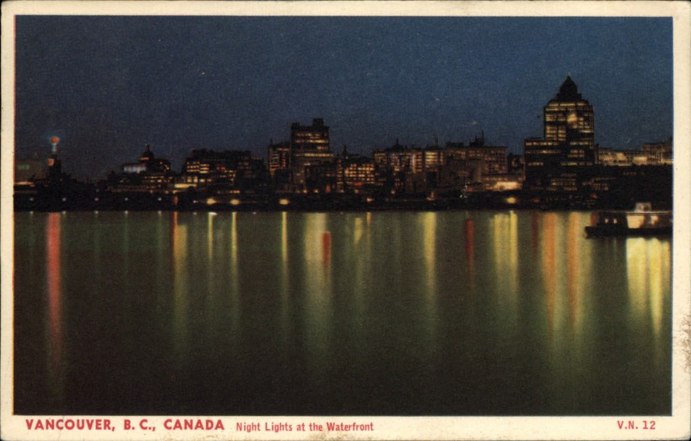 Night Lights at the Waterfront skyline ~ Vancouver BC Canada ~ 1950s postcard