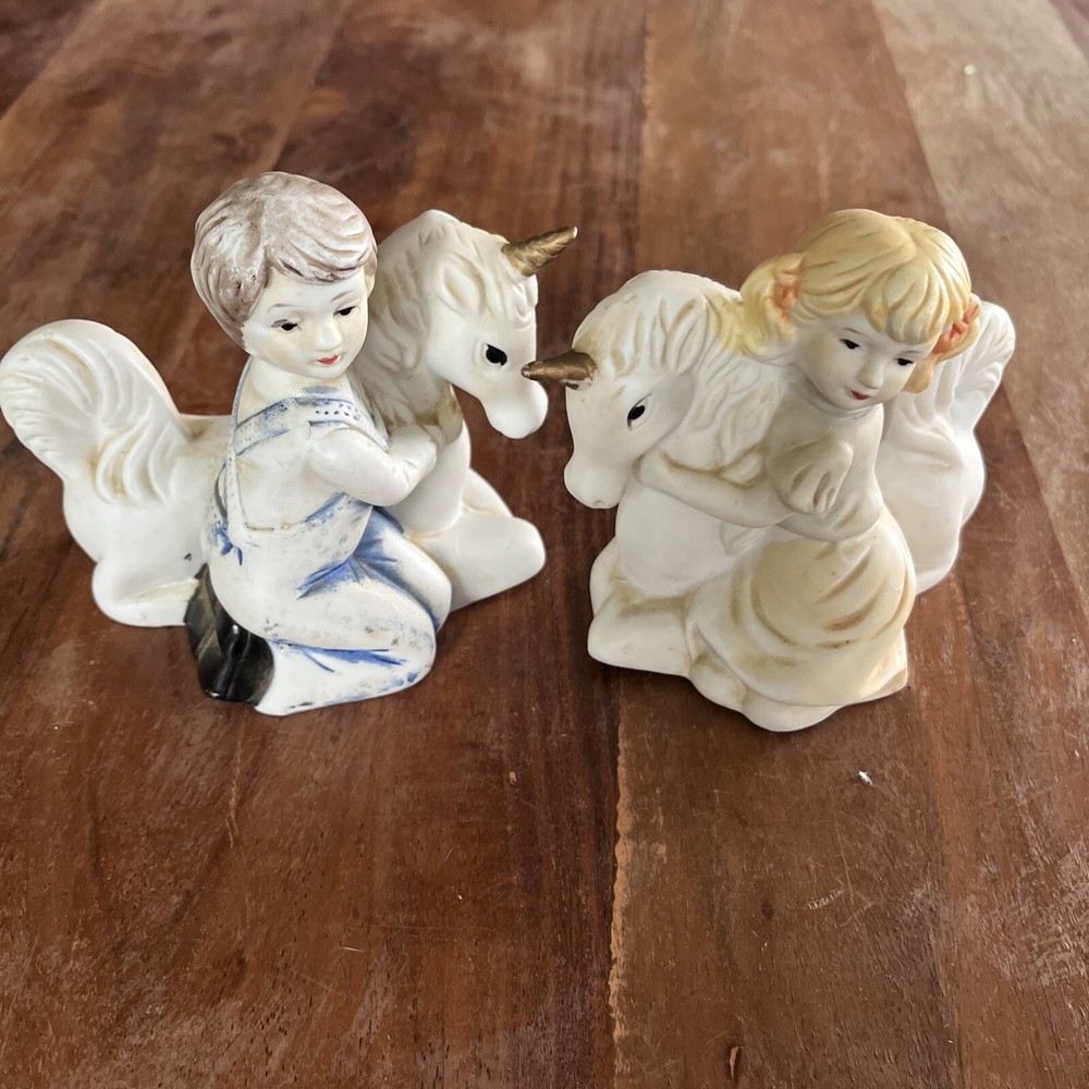 Vintage Figurines Boy & Girl With Unicorns 4” Tall X 4.5” Wide (approx)