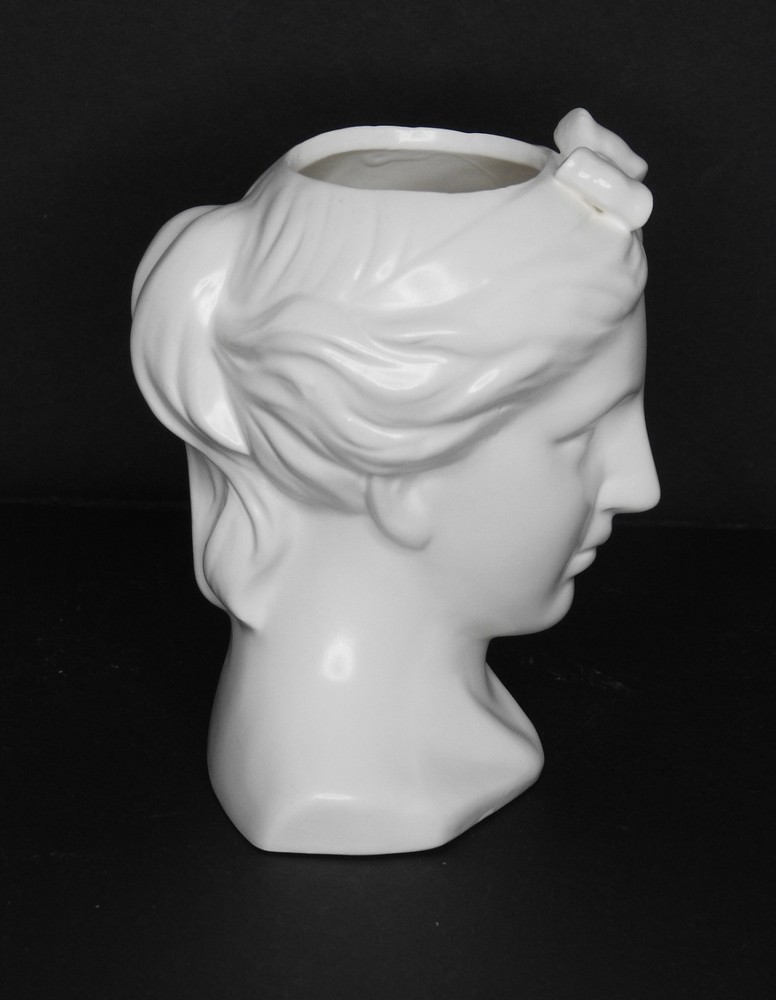 Vintage Glossy White Ceramic Female Head Bust Vase Planter Bow Detail 5.125