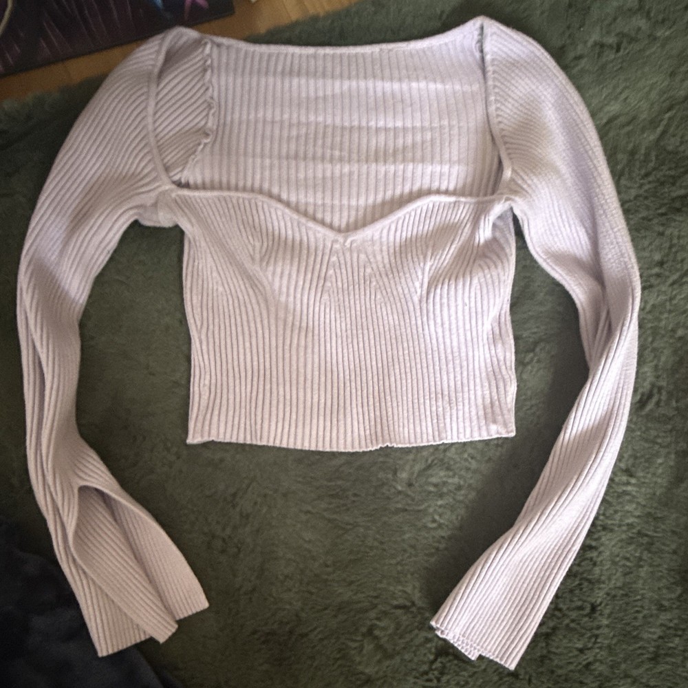 Women's Purple Ribbed Knit Cropped Top L Sweetheart Neck Long Sleeve Stretch
