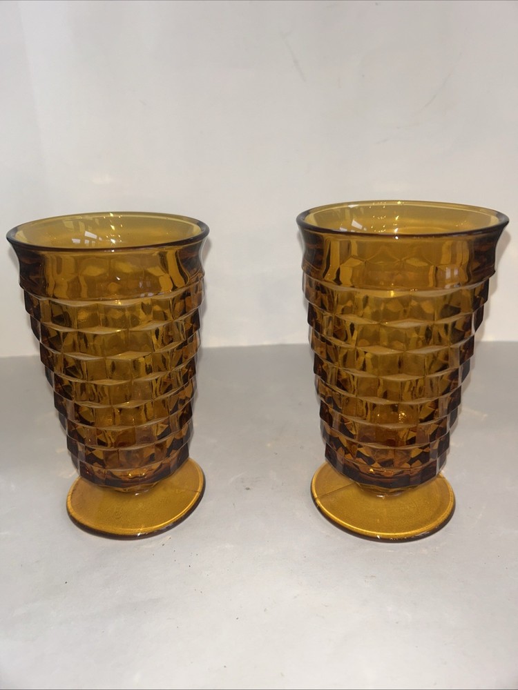 Indiana Glass Whitehall Colony Cubist Footed Amber Tumblers 6