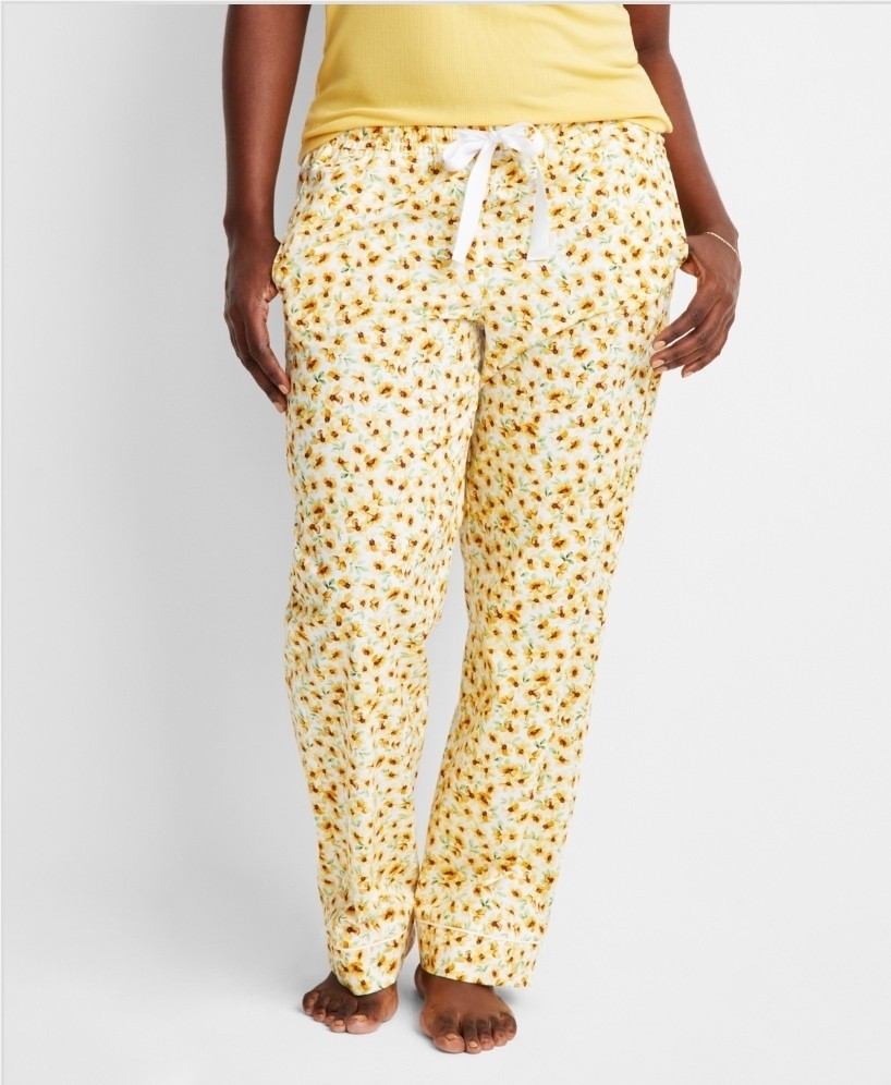 State Of Day Womens Printed Poplin Pajama Pants Cornsilk Yellow XL