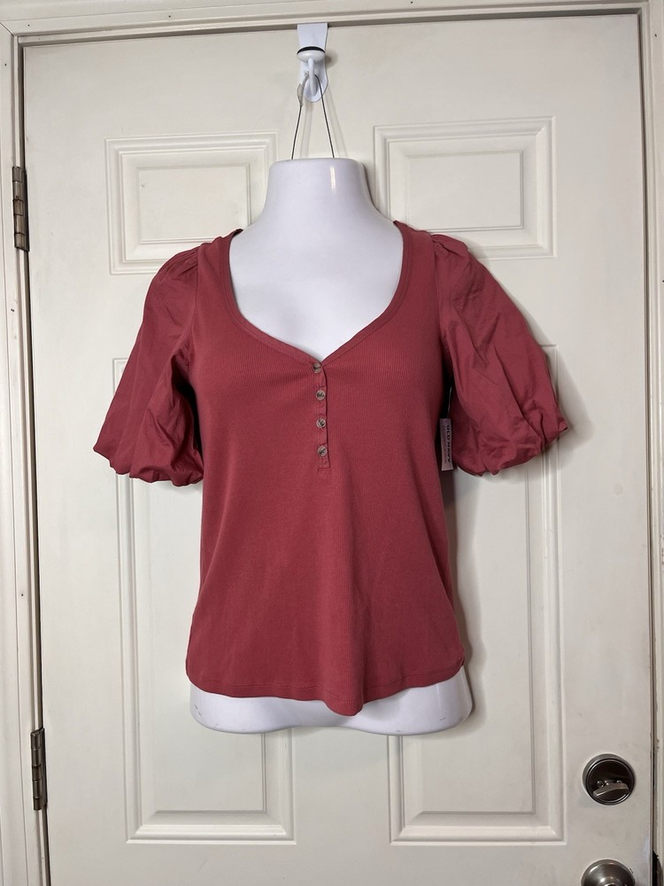 Old Navy SZ L Women's Modern Ribbed Henley Shirt Bubble Hem Puff Sleeve Babydoll