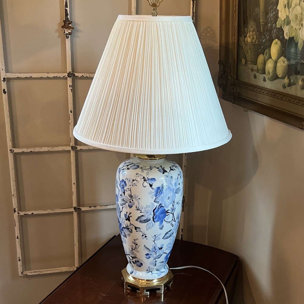 Large Blue/White Floral Ginger Jar Ceramic Table Lamp, Brass Finial