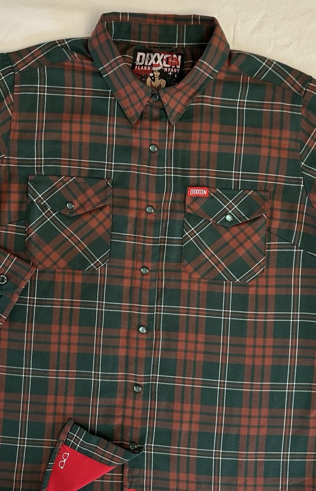 Dixxon Flannel Mistletoe Pearl Snap Shirt Womens L Plaid Brick/Green Long Sleeve