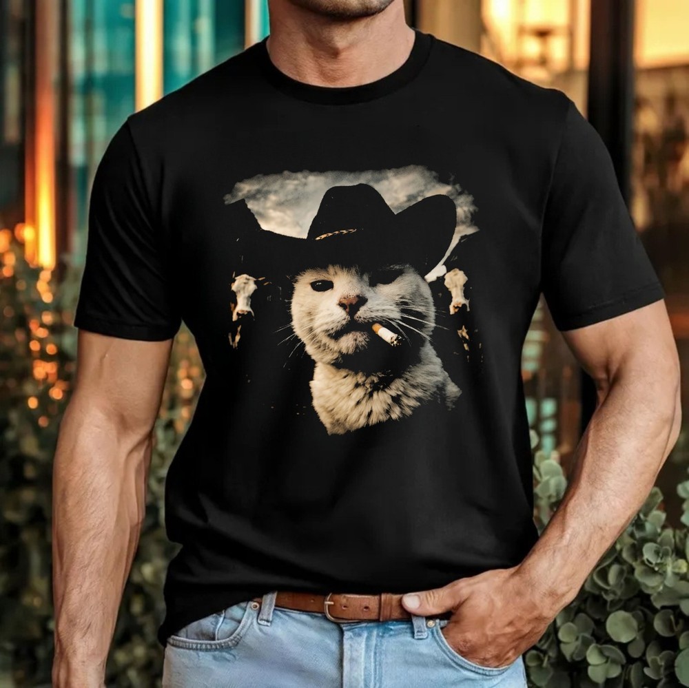 Cowboy Cat Smoking T-Shirt Funny Meowdy Viral Meme Wild West Cat Gift Tee Top