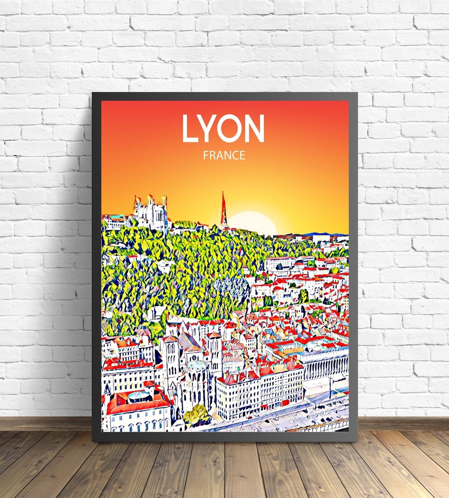 Lyon France Art Poster Sunset Night Poster Art Print Lyon City Modern Wall Art