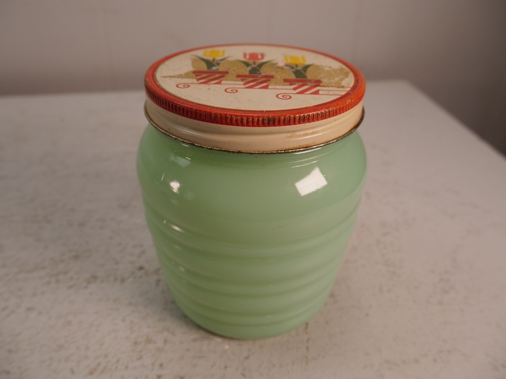Jadeite Green Jadite Fire-King Ribbed Beehive Grease Jar with Tulip Lid 1940's
