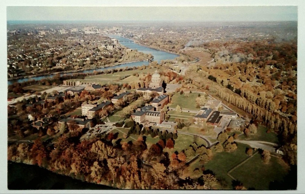 Vintage Aerial Photochrome Postcard University of Rochester, NY River Campus