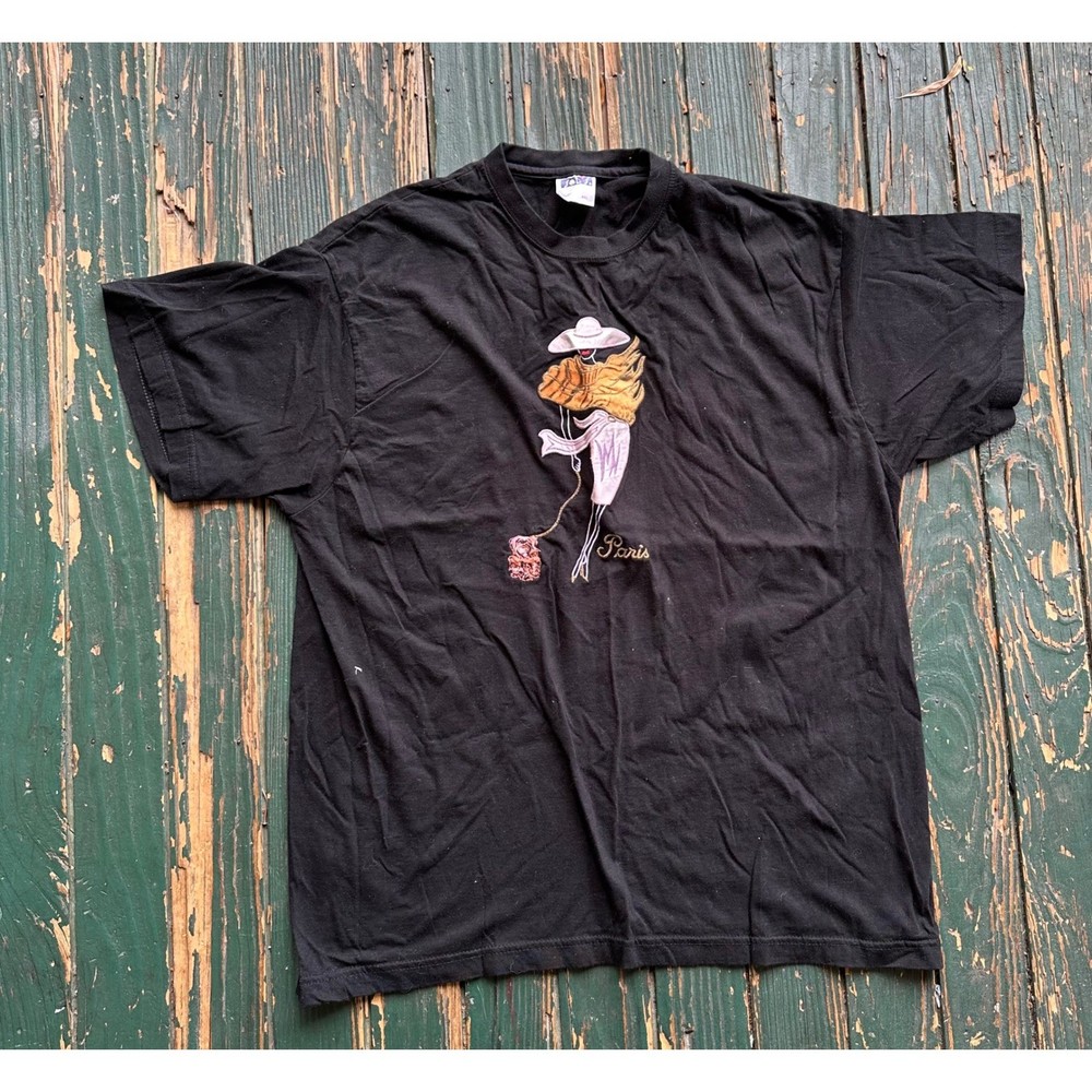 JADS Paris Fashion Graphic Embroidered Black T-Shirt Womens XXL Vintage Style