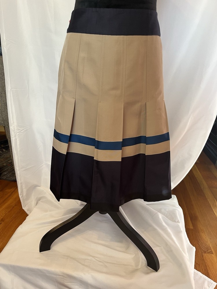 Ann Taylor Pleated Colorblock  Lined Knee Length Skirt Beige Navy Blue Size 6