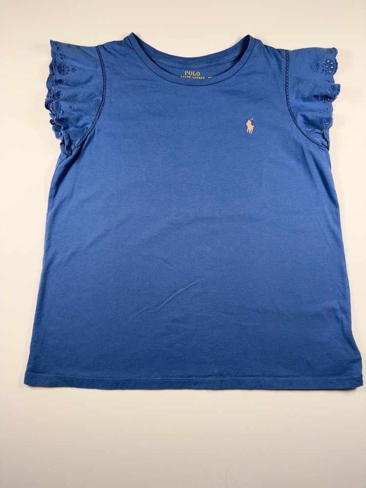 Polo Ralph Lauren Girls Flutter Sleeve Top Blue Eyelet Detail