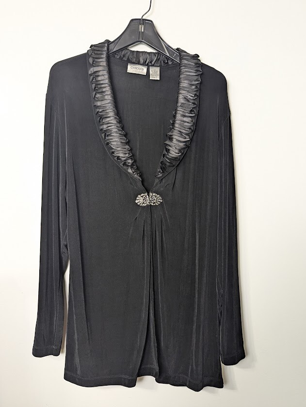 Chicos Traveler Cardigan Womens Black Slinky Knit Long Sleeve Sparkly Clasp sz 3