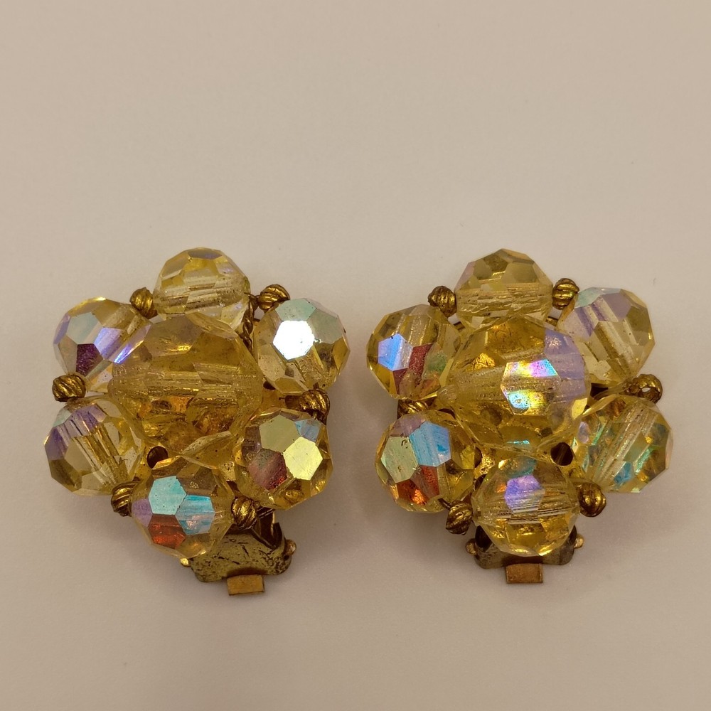 Vintage Aurora Borealis Crystal Clip On Earrings Yellow Cluster Gold Tone Spring