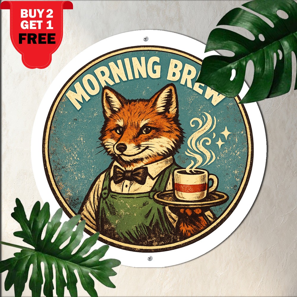 Whimsical Coffee Rabbit Caf�� Beverage Theme Round Aluminum Tin Metal Sign 8x8