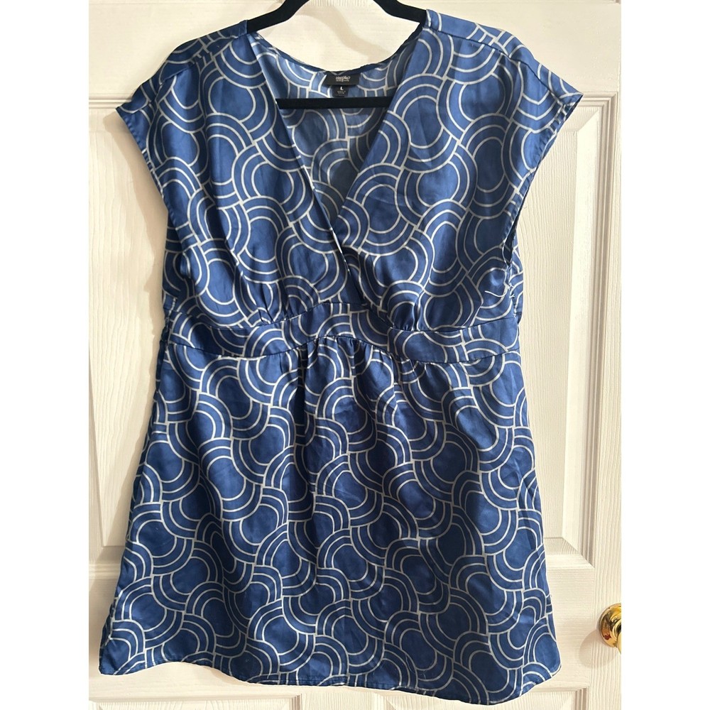 Mossimo Blue Geometric Print Blouse/Dress Women's Size L V Neck Drawstring