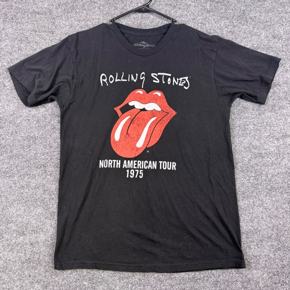 Rolling Stones North American Tour 1975 Graphic T-Shirt Black Medium Rock Band