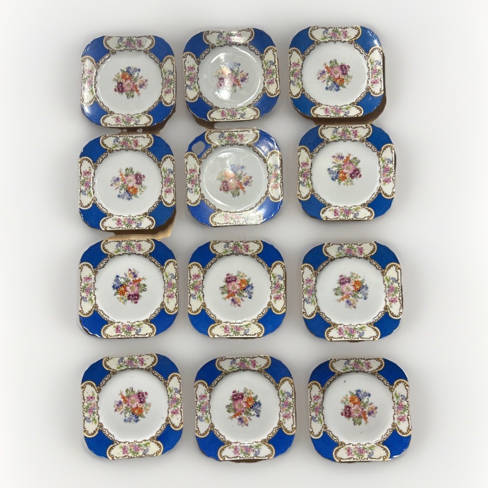 12 Vintage Gold Castle Made in Japan Floral Plates Blue Cobalt Gold Trim