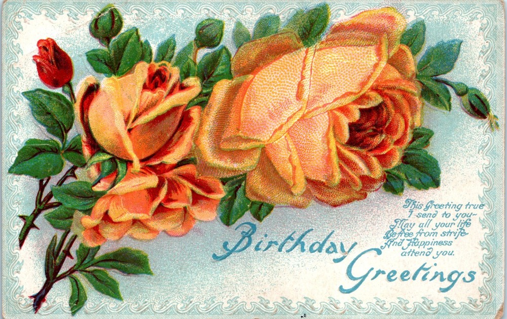 Vintage - Lovely Embossed Happy Birthday Orange Roses - Postcard - P12